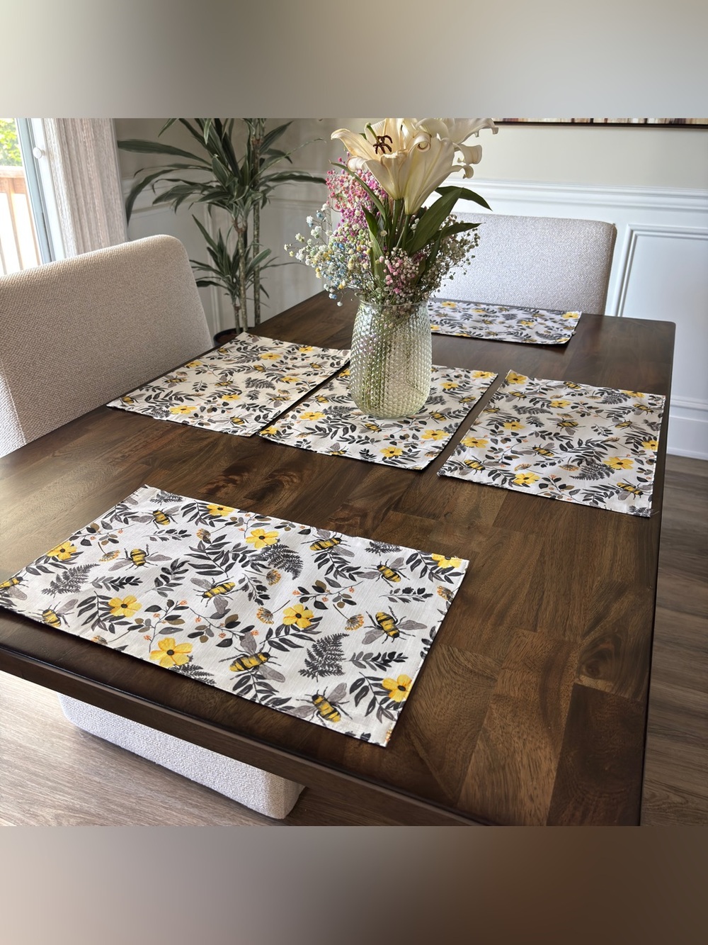 Set of 5 Bee & Wildflower Fabric Placemats - Yellow, Black & White Cottagecore
